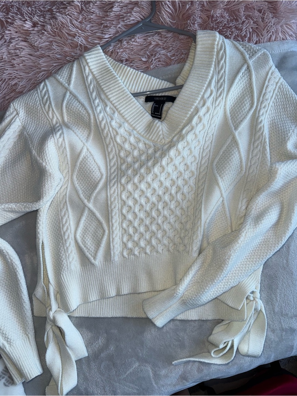 Forever 21 Ivory Cable-Knit V-Neck Sweater with Side Ties
